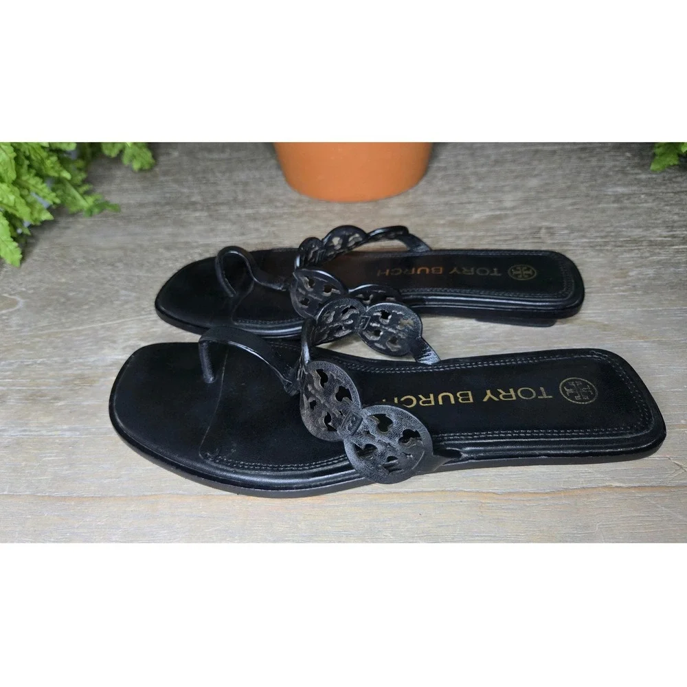 Tory Burch Miller Black Leather Logo Thong Sandals Slides Size 9M